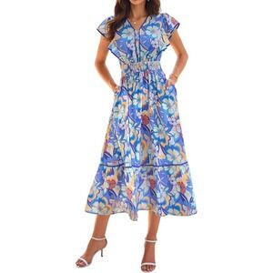 Grace Karin Floral Midi Dress Blue Orange V-Neck Flutter Sleeve Smocked Waist L